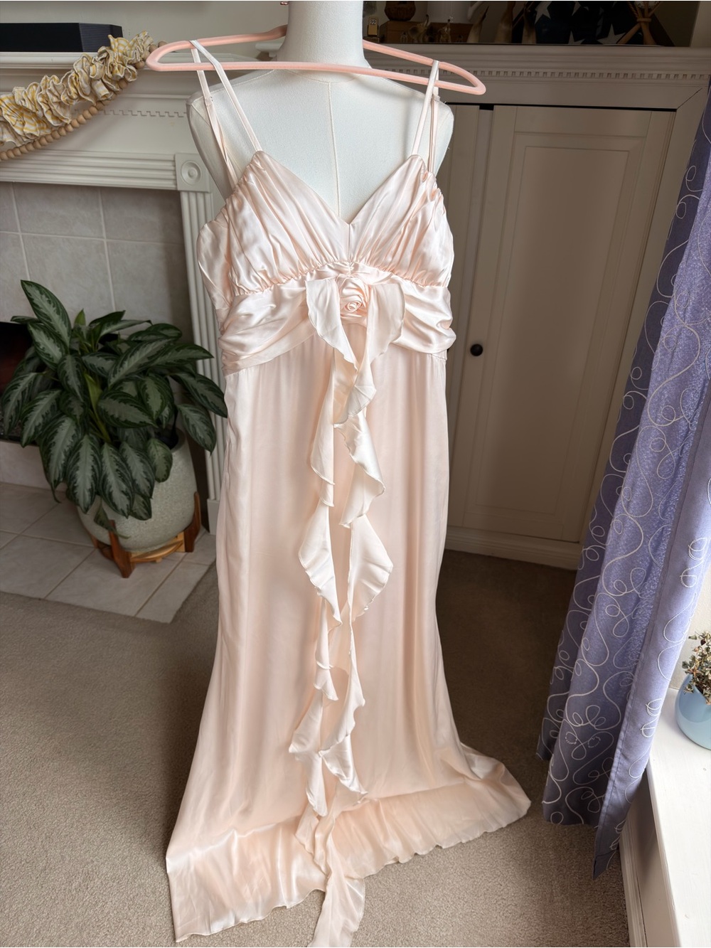 Stunning Blush Pink Satin Ruffled Maxi Dress Gown